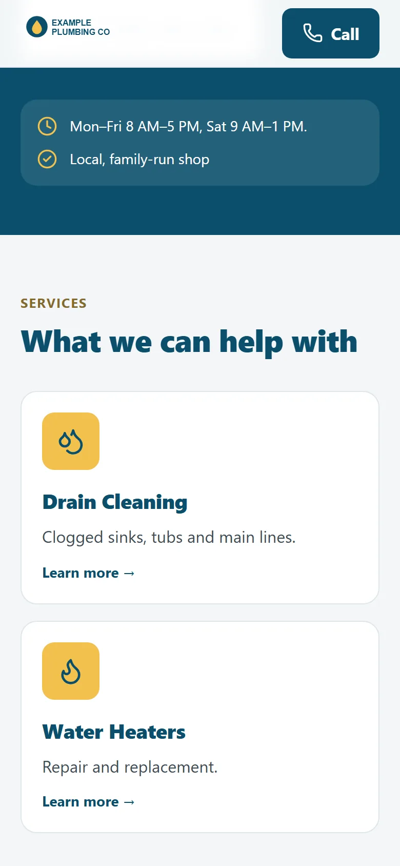 The live sample site on a phone, scrolled to its service cards