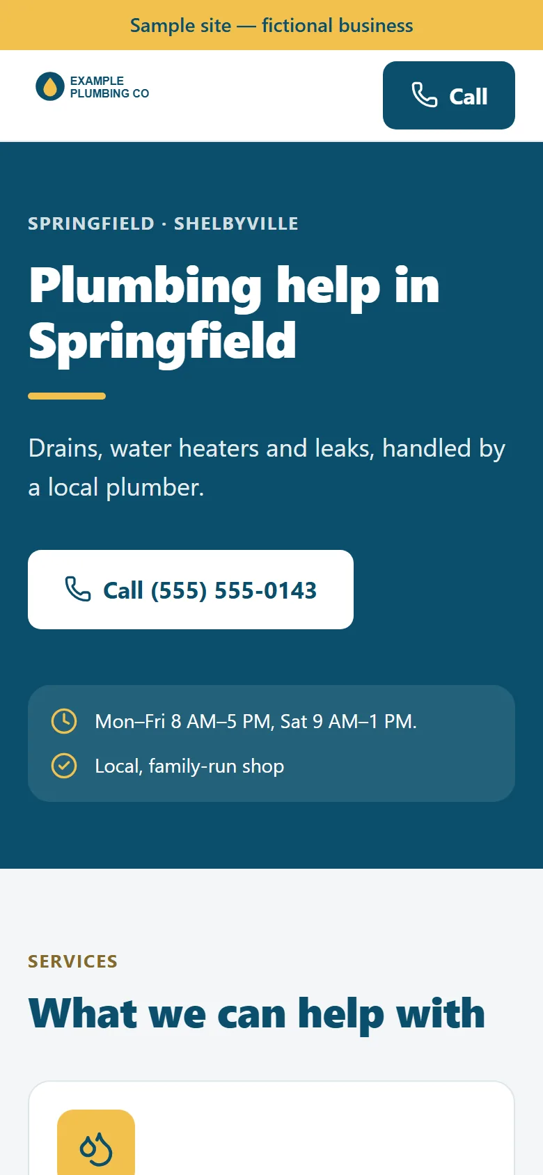 A phone showing the live sample site: a headline, a call button and the first service cards